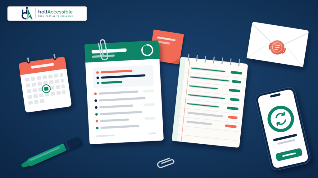 EAA compliance evidence laid out on a desk: a dated audit report, a remediation log with fixed issues struck through, a phone showing a completed re-test, an accessibility statement envelope with a seal, and a calendar marking the renewal date.