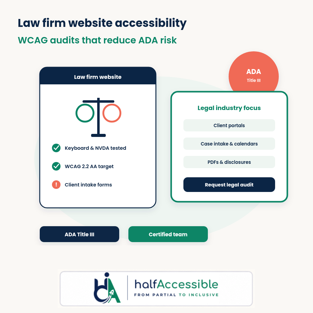 Law firm website accessibility illustration: WCAG audits that reduce ADA Title III risk for client portals and intake forms