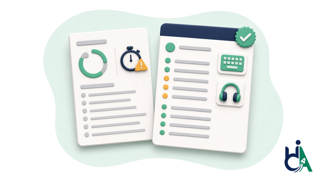 An automated score report next to a manual audit report with severity ratings, assistive technology notes and steps to reproduce