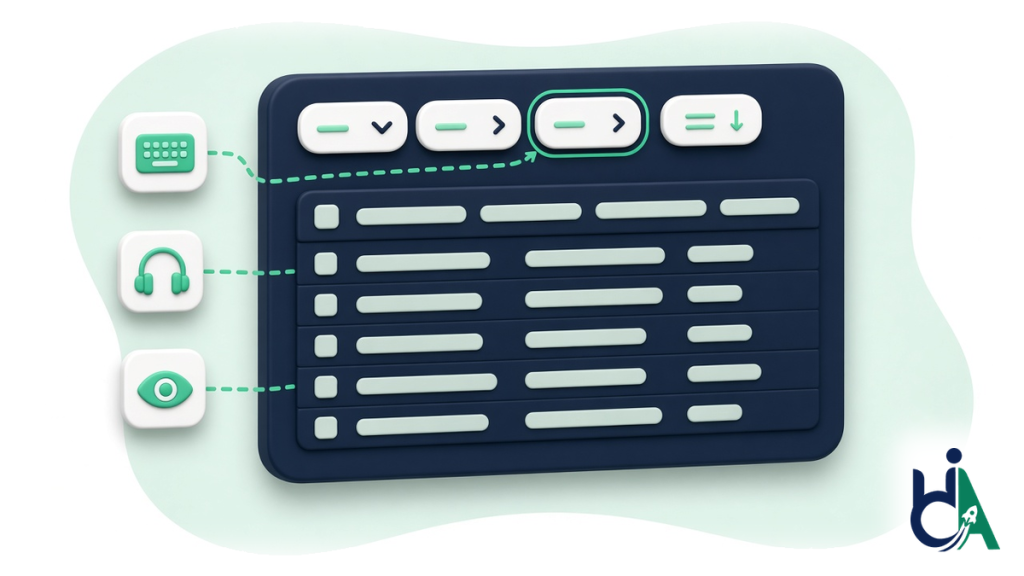 Complex SaaS components an accessibility audit must test: data table, filters, focus and live notifications