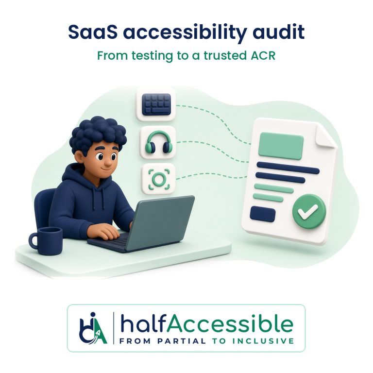 SaaS accessibility audit: tester checking a SaaS dashboard with keyboard and screen reader before an ACR
