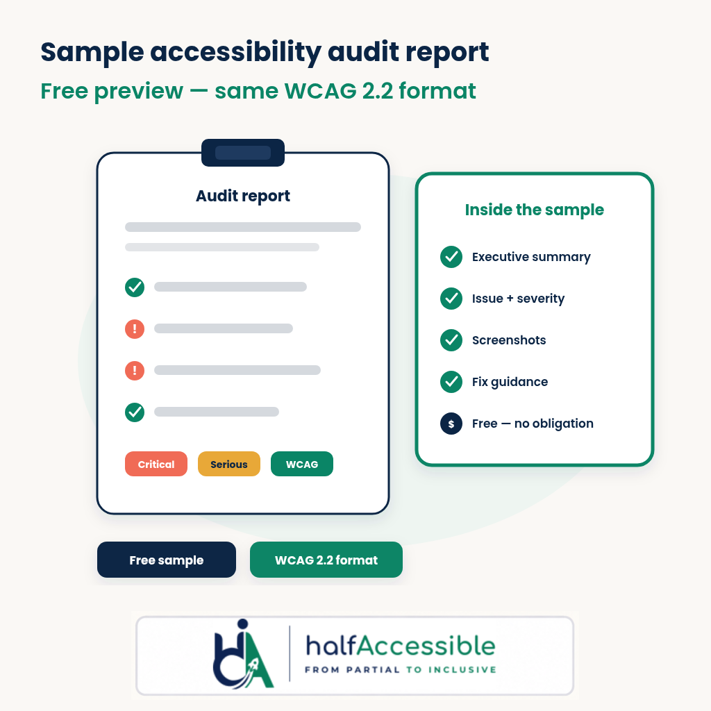 Sample accessibility audit report — free preview of HalfAccessible WCAG 2.2 audit format