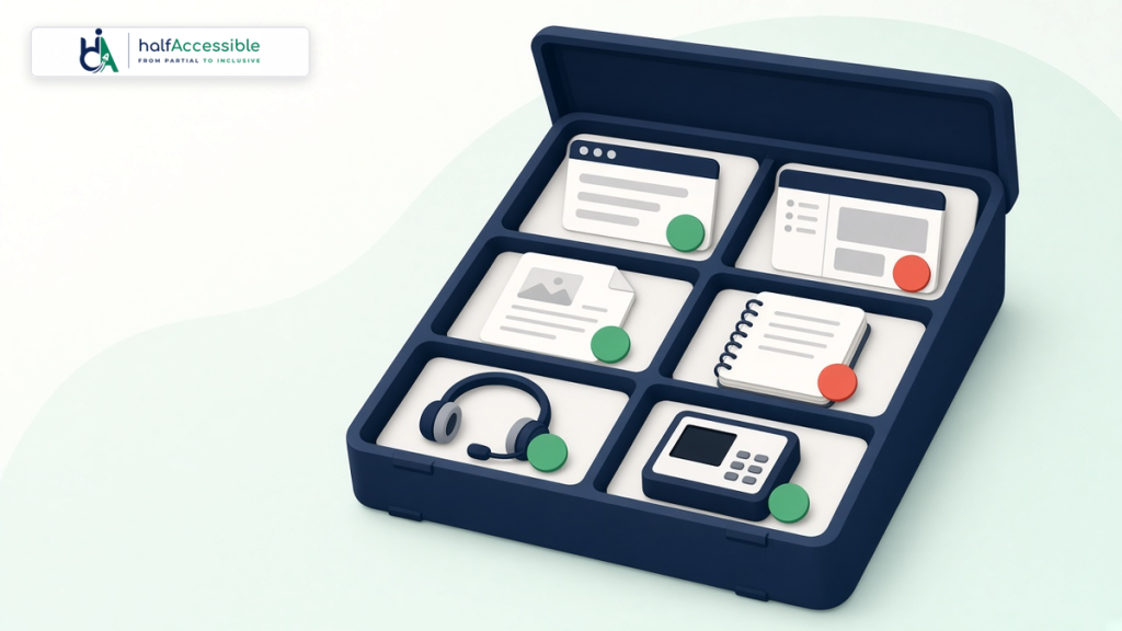 Open case holding a web page, desktop software, a PDF, a help manual, a support headset and a kiosk device, four marked green as passing and two marked coral as failing