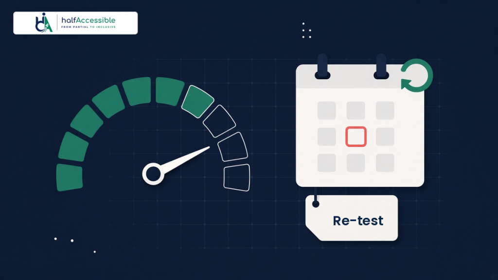 Progress gauge most of the way to complete next to a calendar with a circled date and a tag reading Re-test