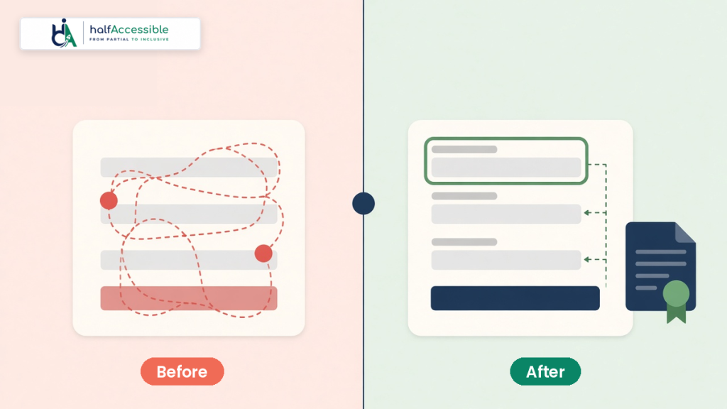Before and after view of a sign-in form, with a tangled tab order and missing labels before, and clear labels, a visible focus ring and an updated report after