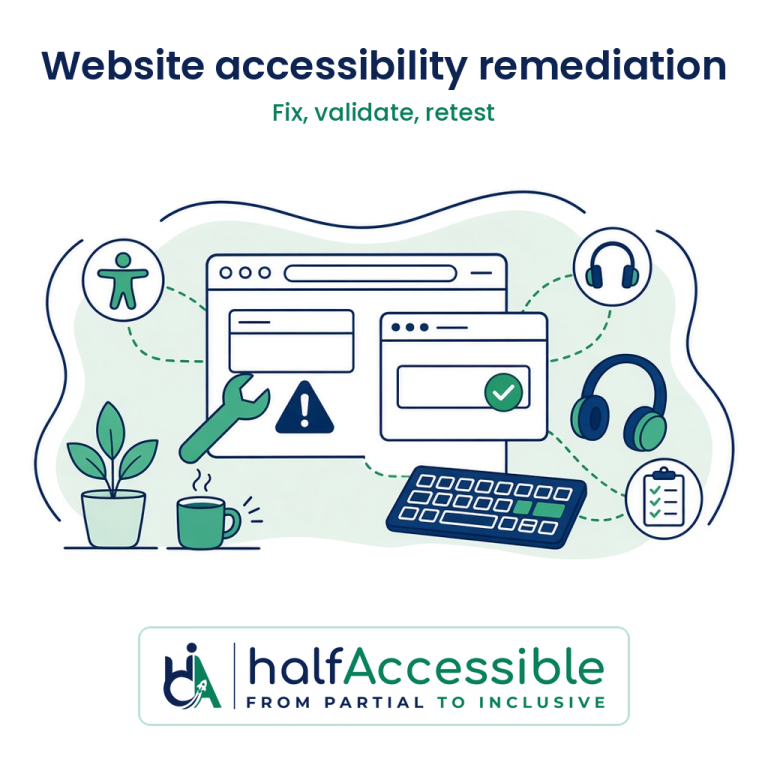 Website accessibility remediation process showing a barrier fixed in code then validated with keyboard and screen reader