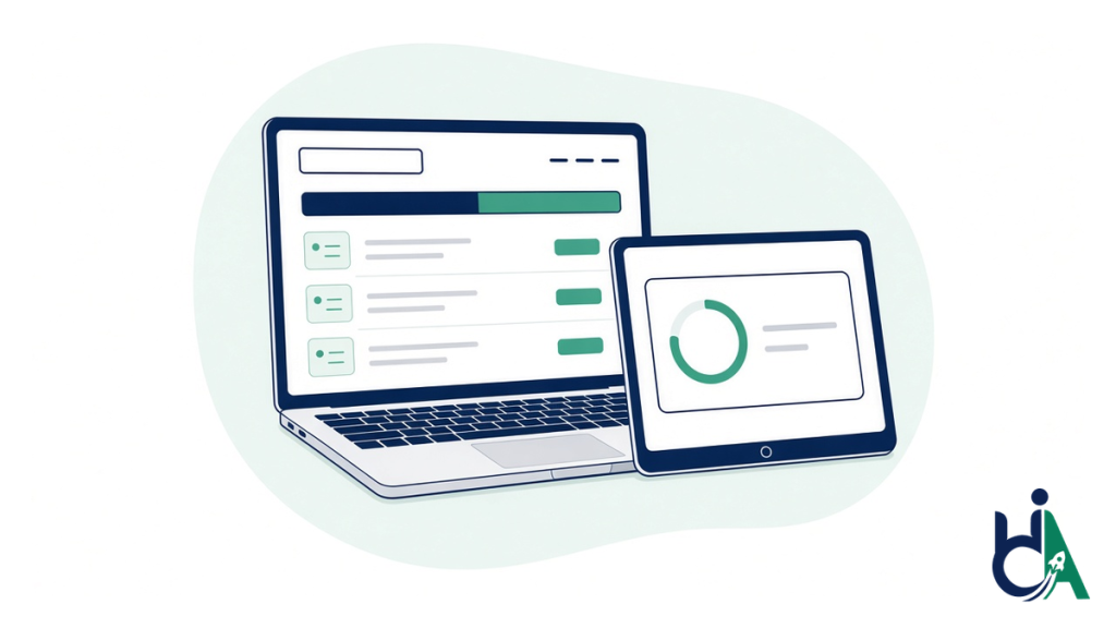 Agency-branded accessibility audit report shown on a laptop and tablet